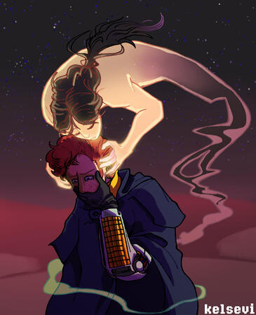 The protagonist of Megami Tensei 2, grieving the loss of his Friend. Friend is a glowing spirit, gently holding the protagonist's head.