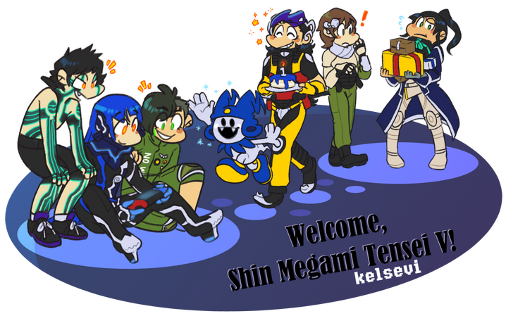 The protagonists of each mainline Shin Megami Tensei game celebrating the release of Shin Megami Tensei 5.
