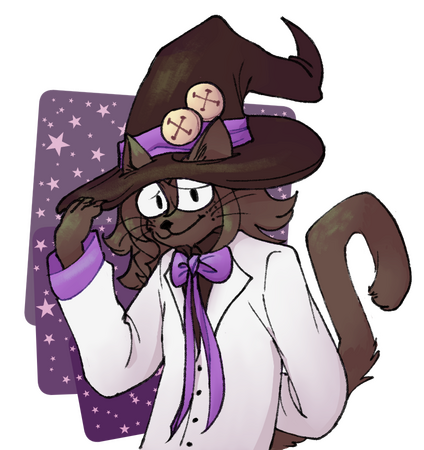 An original character. An anthro cat wearing glasses, a large witch hat, and a purple bowtie.